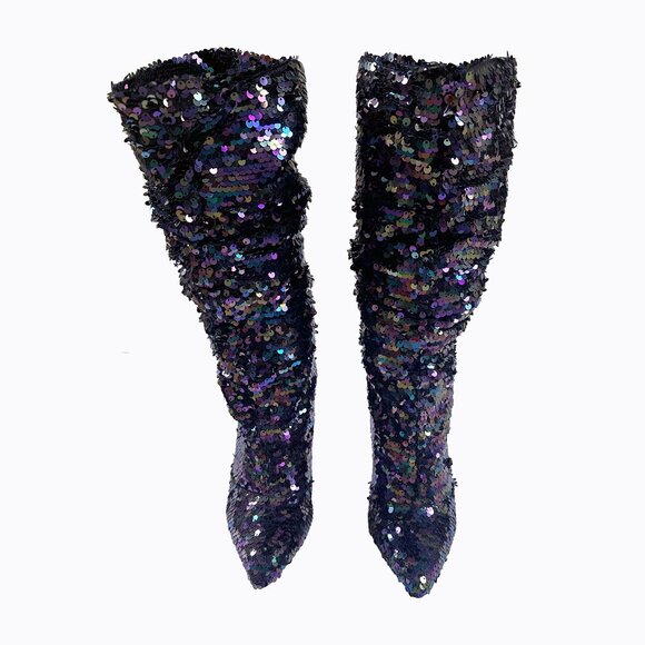 Purple Hologram Sequin Stilettos Sz 8 Slouchy Iridescent Metallic Y2K Rave Party - Picture 4 of 9